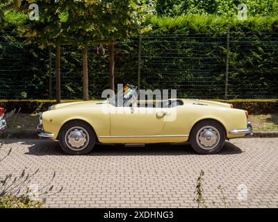 Castellarquato, Italien - 22. Juni 2024 Silver Flag Event , restaurierte klassische gelbe alfa romeo giulia Spinne parkt auf einer kopfsteingepflasterten Straße Stockfoto