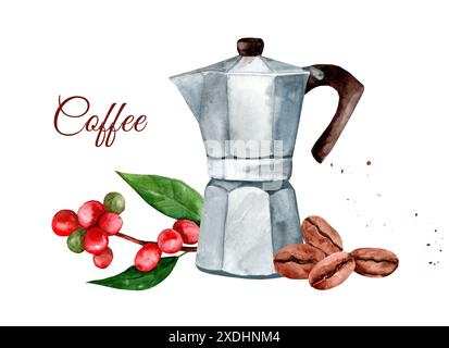 Geysir-Kaffeemaschine, Arabica-Bohnen und Beeren. Handgezeichnete Aquarellillustration isoliert auf weißem Hintergrund. Stockfoto