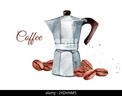 Geysir-Kaffeemaschine, Bohnen. Handgezeichnete Aquarellillustration isoliert auf weißem Hintergrund. Stockfoto