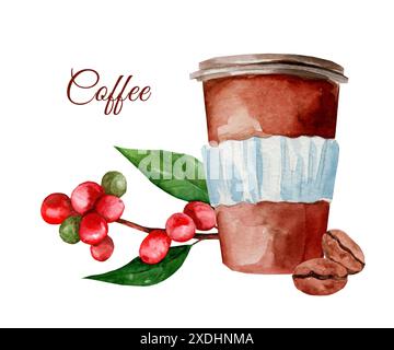Papierglas Kaffee, Bohnen und Arabica-Beeren. Handgezeichnete Aquarellillustration isoliert auf weißem Hintergrund. Stockfoto