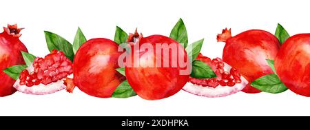 Aquarellrand mit Granatäpfeln und Blättern. Nahtlose horizontale Illustration mit Reifen Früchten. Handgefertigte Zeichnung für Menü und Design Stockfoto