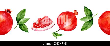 Aquarellrand mit Granatäpfeln und Blättern. Nahtlose horizontale Illustration mit Reifen Früchten. Handgefertigte Zeichnung für Menü und Design Stockfoto
