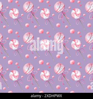 Nahtloses Aquarell-Muster. Rosa und lila Marshmallows. Muster für Stoff und Sammelpapier. Kinderurlaub Stockfoto