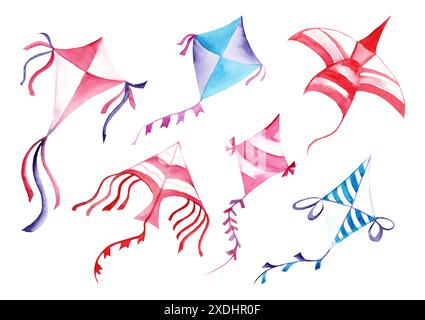 Handgezeichnete Aquarelle, farbenfroher Aquarell-Drachen, in den Wolken fliegende Liebesballons Stockfoto