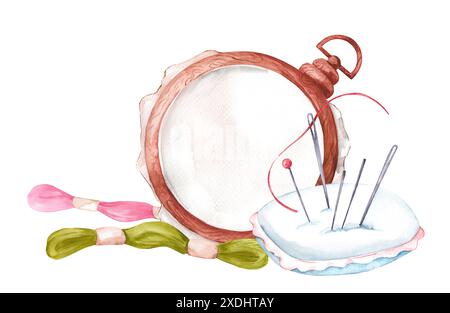 Aquarellkomposition mit Nähzubehör. Stickerei und Handarbeit Hobby Illustration isoliert auf weißem Hintergrund. Ring und Gewinde Stockfoto