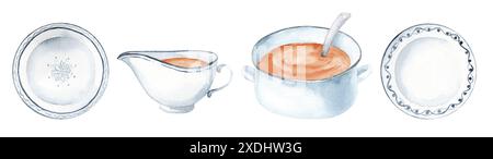 Aquarellset Illustrationen von Küchenutensilien isoliert auf weißem Hintergrund. Keramikgerichte und Pfanne mit Tomatensauce für die Menügestaltung Stockfoto