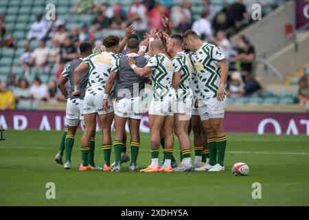 Südafrika dringt vor dem internationalen Freundschaftsspiel zwischen Südafrika und Wales am 22. Juni 2024 im Twickenham Stadium in Twickenham, Großbritannien. Foto von Phil Hutchinson. Nur redaktionelle Verwendung, Lizenz für kommerzielle Nutzung erforderlich. Keine Verwendung bei Wetten, Spielen oder Publikationen eines einzelnen Clubs/einer Liga/eines Spielers. Stockfoto