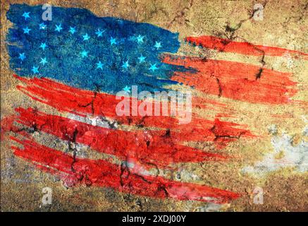 Grunge American Flag Design verblasste und beschädigte auf rauem Betonstrukturhintergrund Stockfoto