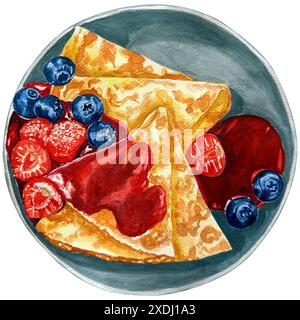 Aquarellpfannkuchen mit Erdbeermarmelade, Erdbeere und Heidelbeere isoliert auf weißem Hintergrund. Illustration handgemalter Stapel hausgemachter Pfannkuchen. Stockfoto