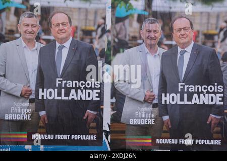 Corrèze, Frankreich. Juni 2024. Francois Hollande kandidierte für die Parlamentswahlen vom 30. Juni und 7. Juli 2024 in Corrèze. Wahlplakat des ehemaligen Präsidenten der Französischen Republik, Francois Hollande, Kandidat für den 1. Wahlkreis des Departements Corrèze. Er ist Mitglied der Wahlkoalition New Popular Front/Nouveau Front Populaire. Diese frühen Parlamentswahlen in Frankreich folgten der Auflösung der Nationalversammlung durch den Präsidenten der Französischen Republik Emmanuel Macron. Emmanuel Macron hat beschlossen, die Nationalversammlung aufzulösen Stockfoto