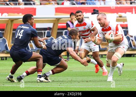 Tokio, Japan. Juni 2024. JAPAN RUGBY: Ein Freundschaftsspiel zwischen der japanischen und der englischen Rugbynationalmannschaft fand im Nationalstadion in Tokio statt. Die erste Hälfte des Spiels. England gewann das Spiel mit 3-26 in der ersten Halbzeit, 17:52. Tokio, Japan, am 23. Juni 2024. (Foto: Kazuki Oishi/SIPA USA) Credit: SIPA USA/Alamy Live News Stockfoto