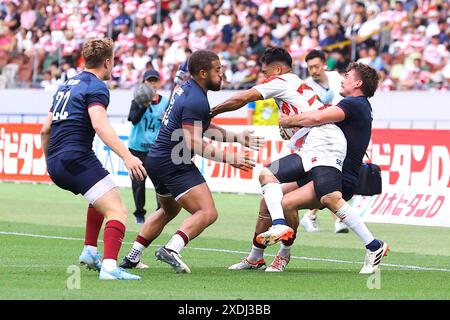 Tokio, Japan. Juni 2024. JAPAN RUGBY: Ein Freundschaftsspiel zwischen der japanischen und der englischen Rugbynationalmannschaft fand im Nationalstadion in Tokio statt. Die zweite Hälfte des Spiels. England gewann das Spiel mit 3-26 in der ersten Halbzeit, 17:52. Tokio, Japan, am 23. Juni 2024. (Foto: Kazuki Oishi/SIPA USA) Credit: SIPA USA/Alamy Live News Stockfoto