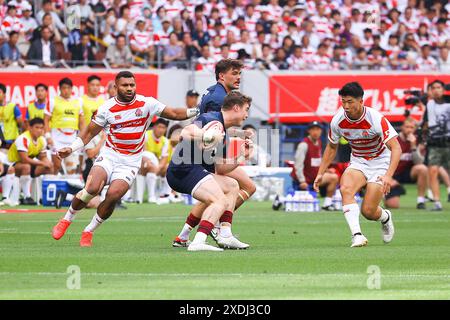 Tokio, Japan. Juni 2024. JAPAN RUGBY: Ein Freundschaftsspiel zwischen der japanischen und der englischen Rugbynationalmannschaft fand im Nationalstadion in Tokio statt. Die erste Hälfte des Spiels. England gewann das Spiel mit 3-26 in der ersten Halbzeit, 17:52. Tokio, Japan, am 23. Juni 2024. (Foto: Kazuki Oishi/SIPA USA) Credit: SIPA USA/Alamy Live News Stockfoto