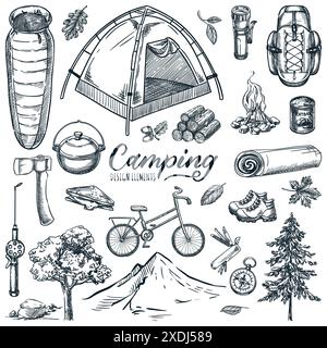 Camping und Outdoor Reise Vektor Hand gezeichnete Skizze Illustration. Campingwanderabenteuer Design-Elemente isoliert auf weißem Hintergrund. Zelt, Lagerfeuer, Stock Vektor