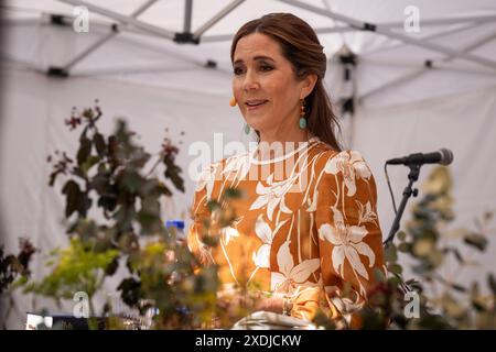 Kopenhagen, Dänemark. Juni 2024. Königin Maria von Dänemark war als Songmoderatorin beim gemeinsamen Songevent Maratonsang in Vartov in Kopenhagen zu sehen. Stockfoto