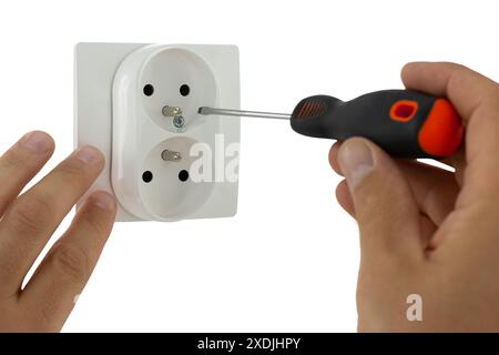 Installation einer isolierten Steckdose. Stockfoto