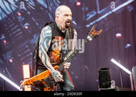 Solvesborg, Schweden. Juni 2024. Der US-amerikanische Gitarrist und Musiker Kerry King gibt ein Live-Konzert während des schwedischen Musikfestivals Sweden Rock Festival 2024 in Solvesborg. Stockfoto