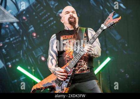 Solvesborg, Schweden. Juni 2024. Der US-amerikanische Gitarrist und Musiker Kerry King gibt ein Live-Konzert während des schwedischen Musikfestivals Sweden Rock Festival 2024 in Solvesborg. Stockfoto