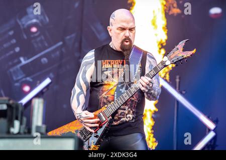 Solvesborg, Schweden. Juni 2024. Der US-amerikanische Gitarrist und Musiker Kerry King gibt ein Live-Konzert während des schwedischen Musikfestivals Sweden Rock Festival 2024 in Solvesborg. Stockfoto