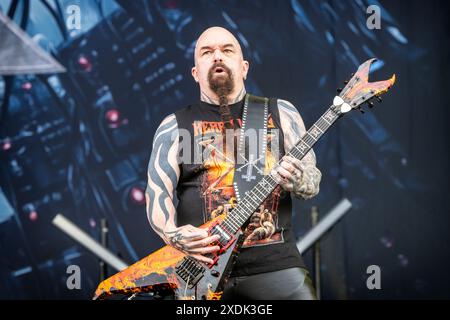 Solvesborg, Schweden. Juni 2024. Der US-amerikanische Gitarrist und Musiker Kerry King gibt ein Live-Konzert während des schwedischen Musikfestivals Sweden Rock Festival 2024 in Solvesborg. Stockfoto