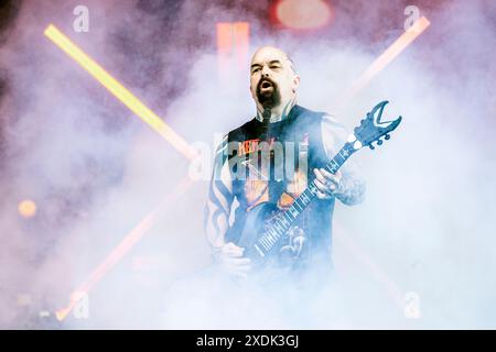 Solvesborg, Schweden. Juni 2024. Der US-amerikanische Gitarrist und Musiker Kerry King gibt ein Live-Konzert während des schwedischen Musikfestivals Sweden Rock Festival 2024 in Solvesborg. Stockfoto