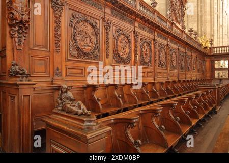 Holzfigur und Reliefs auf den Chorbuden der gotischen Kirche Ste-Marie-Madelein, Innenansicht, Holzschnitzerei, Kunsthandwerk, Detail Stockfoto