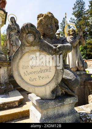 Skulptur mit Pestsäule heiliger, Pestsäule, Detail, Vorau, Steiermark, Österreich Stockfoto