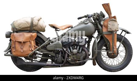 Ein Vintage Green US World war II Army Motorrad, mit Gewehr, isoliert auf weißem Hintergrund Stockfoto