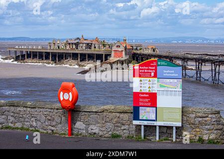 Bilder des verfallenen historischen Birnbeck Piers am Weston-super-Mare, für den der North Somerset Council finanzielle Mittel für die Wiederherstellung des Bauwerks erhalten hat. Stockfoto