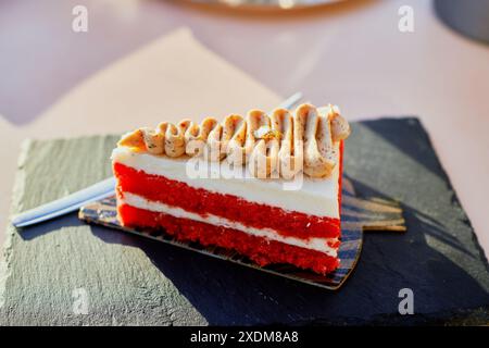 Ein Stück Kuchen auf einem schwarzen Teller Stockfoto