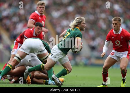 Twickenham, Großbritannien. Juni 2024. FAF de Klerk aus Südafrika in Aktion. Südafrika gegen Wales, internationales Rugby, Qatar Airways Cup-Spiel im Twickenham Stadium in Twickenham, Middlesex am Samstag, den 22. Juni 2024. Nur redaktionelle Verwendung. bild von Andrew Orchard/Andrew Orchard Sportfotografie/Alamy Live News Credit: Andrew Orchard Sportfotografie/Alamy Live News Stockfoto