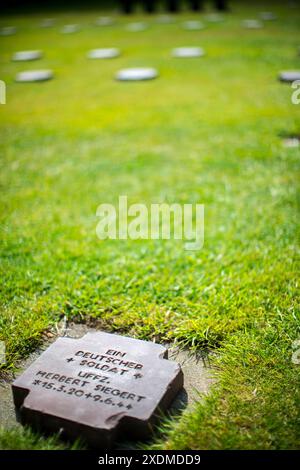 Nahaufnahme eines Grabsteins auf dem deutschen Militärfriedhof in der Normandie, Frankreich. Gedenkstätte für gefallene Soldaten mit friedlicher grüner Landschaft. Stockfoto