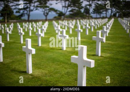 Reihen weißer Kreuze auf dem amerikanischen Militärfriedhof in der Normandie, Frankreich, zum Gedenken an gefallene Soldaten aus dem Zweiten Weltkrieg Stockfoto