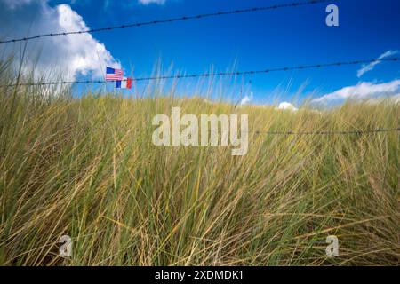 Am Utah Beach, Normandie, Frankreich, fliegen amerikanische und französische Fahnen über Gras und symbolisieren den Zweiten Weltkrieg und Frieden. Stockfoto