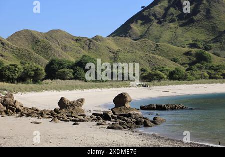 Weißer Sandstrand auf Padar Island. Komodo-Nationalpark, Indonesien Stockfoto