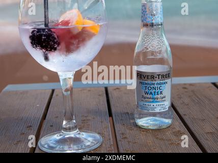 Nahaufnahme eines Gin Tonic Cocktails mit Früchten und einer Flasche Fever-Tree Tonic Water auf einem Holztisch Stockfoto