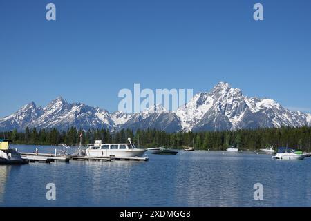 Colter Bay Village Marina Dock am Jackson Lake mit den schneebedeckten Grand Teton Bergen im Hintergrund im Grand Teton National Park, Wyoming Stockfoto