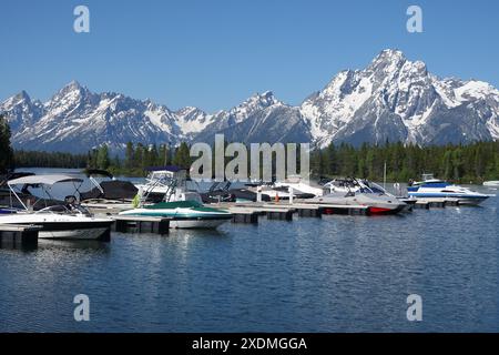 Colter Bay Village Marina Dock am Jackson Lake mit den schneebedeckten Grand Teton Bergen im Hintergrund im Grand Teton National Park, Wyoming Stockfoto