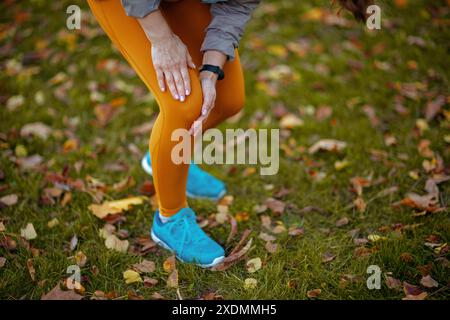 Hello autumn. Closeup on middle aged woman in fitness clothes in the park with knee pain. Stockfoto