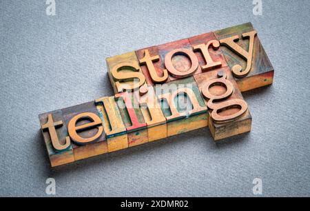 Storytelling - abstrakte Wörter in Vintage-Buchdruck-Holzdruckblöcken, Business, Bildung, Unterhaltung und persönliches Entwicklungskonzept Stockfoto