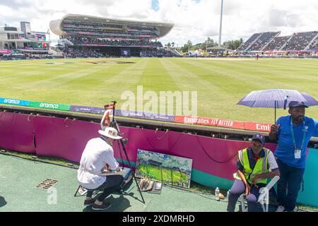 T20 Cricket im Barbados's Kensington Oval in Bridgetown am Sonntag, 23. Juni 2024, Spiel zwischen den USA und England. England besiegte die Vereinigten Staaten. Stockfoto