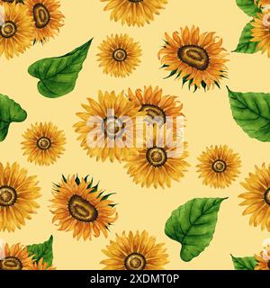 Nahtloses Sonnenblumenmuster in Aquarellfarben. Floraler Hintergrund mit gelben Blumen. Sommerliche Blumenkomposition. Herbstblumen-Arrangement. Handgezeichneter botani Stockfoto