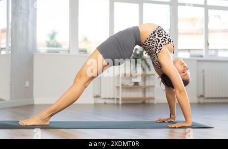 Porträt einer kaukasierin erfahrenen Mädchen-Fitnessklublehrerin führt ardha Chakrasana auf Stockfoto