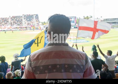 T20 Cricket im Barbados's Kensington Oval in Bridgetown am Sonntag, 23. Juni 2024, Spiel zwischen den USA und England. England besiegte die Vereinigten Staaten. Stockfoto