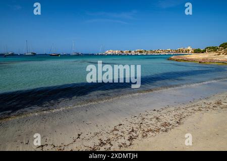 Strand es Dolc, Colonia de Sant Jordi, Gemeinde SES Salines, Mallorca, Balearen, Spanien. Stockfoto