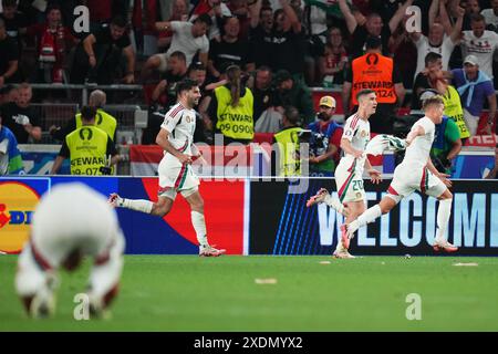 Kevin Csoboth aus Ungarn feiert, nachdem er beim Spiel der UEFA Euro 2024 zwischen Schottland und Ungarn, Gruppe A, Datum 3, am 23. Juni 2024 im Mercedes-Benz Arena Stadion in Stuttgart das Siegtor erzielte. (Foto: Bagu Blanco / /SIPA USA) Stockfoto