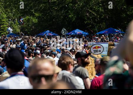 Edmonton, Alberta, Kanada. Juni 2024. Fans besuchen das Red Bull Soap Box Derby in Edmonton. Mehr als 400 Einsendungen gingen ein. 58 Teilnehmer, die ausgewählt wurden, mussten auftreten, bevor sie ihre Soap Box Cars auf die Strecke brachten. â die Beiträge wurden von den Richtern für Leistung, Gesamtlook und Zeit gewählt. Die Fans stimmten für ihr Lieblingsteam aus der Seifenbox. (Credit Image: © Ron Palmer/SOPA Images via ZUMA Press Wire) NUR REDAKTIONELLE VERWENDUNG! Nicht für kommerzielle ZWECKE! Stockfoto