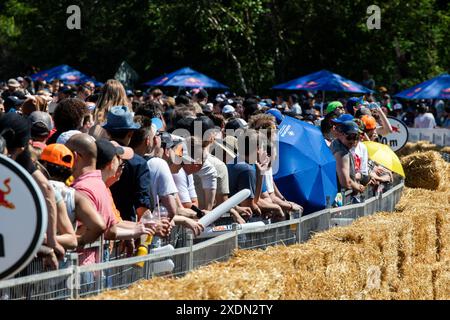 Edmonton, Kanada. Juni 2024. Fans besuchen das Red Bull Soap Box Derby in Edmonton. Mehr als 400 Einsendungen gingen ein. 58 Teilnehmer, die ausgewählt wurden, mussten auftreten, bevor sie ihre Soap Box Cars auf die Strecke brachten. Die Beiträge wurden von den Richtern für Leistung, Gesamtlook und Zeit gewählt. Die Fans stimmten für ihr Lieblingsteam aus der Seifenbox. (Foto: Ron Palmer/SOPA Images/SIPA USA) Credit: SIPA USA/Alamy Live News Stockfoto