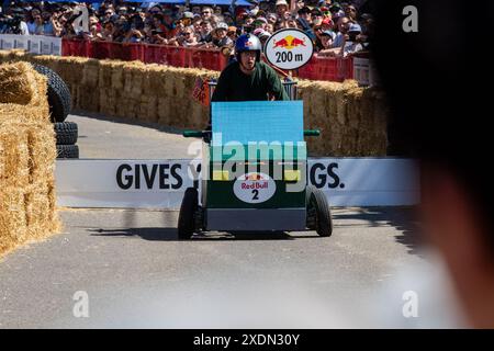 Edmonton, Alberta, Kanada. Juni 2024. Fans besuchen das Red Bull Soap Box Derby in Edmonton. Mehr als 400 Einsendungen gingen ein. 58 Teilnehmer, die ausgewählt wurden, mussten auftreten, bevor sie ihre Soap Box Cars auf die Strecke brachten. â die Beiträge wurden von den Richtern für Leistung, Gesamtlook und Zeit gewählt. Die Fans stimmten für ihr Lieblingsteam aus der Seifenbox. (Credit Image: © Ron Palmer/SOPA Images via ZUMA Press Wire) NUR REDAKTIONELLE VERWENDUNG! Nicht für kommerzielle ZWECKE! Stockfoto