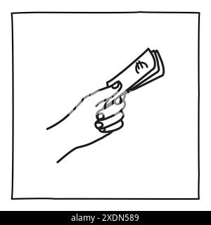 Doodle Hand mit Dollarschein-Symbol oder -Logo, handgezeichnet mit dünner schwarzer Linie. Stock Vektor